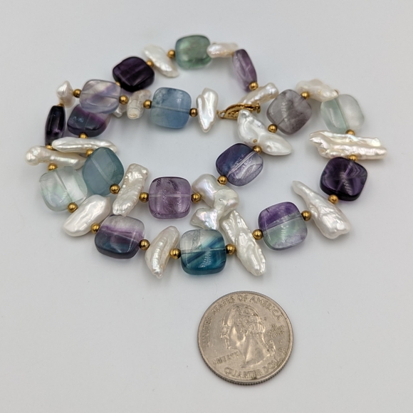 14K Gold Bead Keshi Pearl Fluorite Amethyst 14K Gold Clasp Collar Necklace 16" - Picture 9 of 13